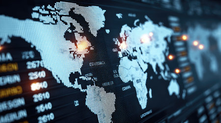 Digital flight information board showing international destinationsの素材