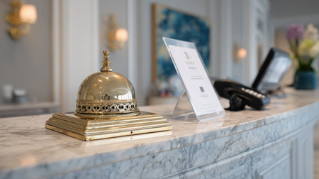 Hotel check-in counter with bell, keycard, and information stand, symbolizing hospitality industryの素材
