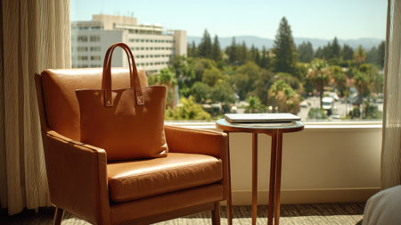 Lounge chair by large hotel window with laptop bag on side tableの素材