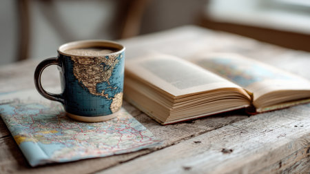 Open travel journal beside coffee mug and folded map, symbolizing solo travel inspirationの素材