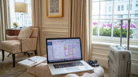 Open laptop and travel itinerary beside suitcase in upscale hotel roomの素材