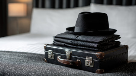 Suitcase beside hotel bed with folded business attire and accessories on topの素材