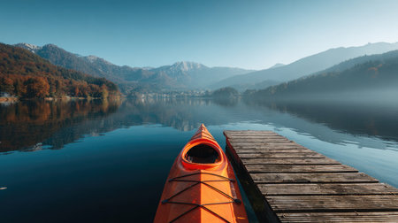 Mountain lake with kayak on calm water near dock, promoting recreational water tourismの素材