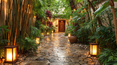 Peaceful garden pathway lined with bamboo and stone lanterns, highlighting wellness travelの素材