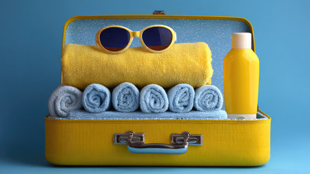 Open suitcase with rolled clothes, sunglasses, and sunscreen, packing for vacation imageryの素材