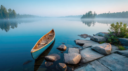 Scenic lake with canoe docked at shore under soft morning mist, adventure tourism conceptの素材