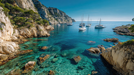 Secluded bay with cliffs, clear blue water, and anchored yachts, ideal for luxury tourismの素材