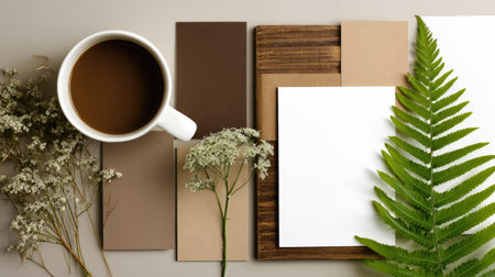 Workspace with earth-toned branding materials for eco-tourism marketingの素材