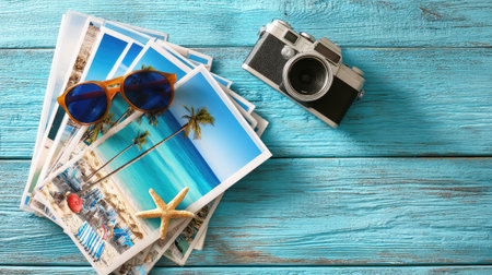 Travel brochures fanned out on table with camera and sunglasses, ready for vacation planningの素材