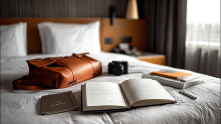 Travel itinerary and notebook open on bed in executive suiteの素材