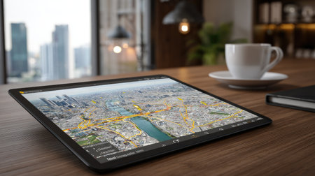 Urban city map on tablet with travel route highlighted and hotel pinnedの素材