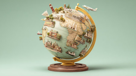 Vintage globe with travel icons like planes, boats, and landmarks placed around itの素材