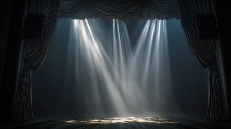 Dramatic lighting illuminating closed theater curtain on traditional stageの素材