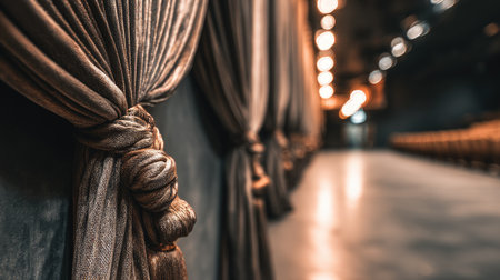 Curtain tiebacks with rich fabric texture in side view of empty performance stageの素材