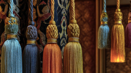 Curtain tassels and gold trim detail on stage curtain illuminated by side lightsの素材