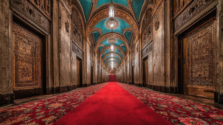 Aisle perspective down the center of a historic theatre with red carpet runnerの素材