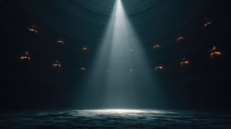 Darkened auditorium with single spotlight aimed at center of the stageの素材