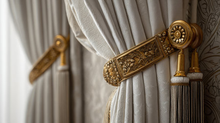 Elegant curtain tiebacks and gold-framed side decor in vintage theaterの素材