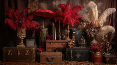 Classical stage elements including feathered fans, parasol props, and antique set piecesの素材
