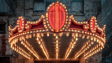 Historic marquee above theater entrance with empty poster frameの素材