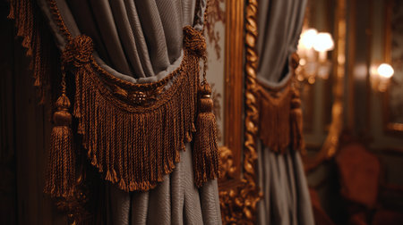 Elegant curtain tiebacks and gold-framed side decor in vintage theaterの素材