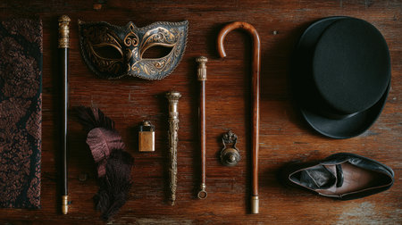 Flat lay of stage props like mask, cane, and top hat arranged on wooden stageの素材