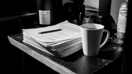 Folded play scripts, pencil, and coffee mug on desk in rehearsal spaceの素材