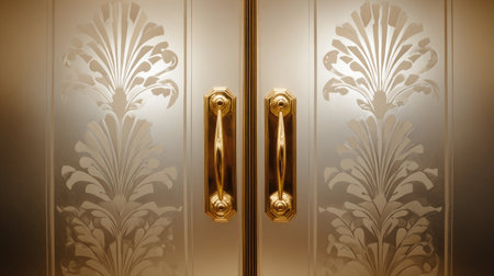 Closed theater doors with gold handles and art deco design on frosted glassの素材
