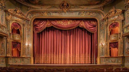 Panoramic view of traditional stage with classical moldings and red curtain detailsの素材