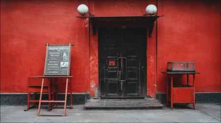 Signboard at theatre entrance advertising upcoming play with empty ticket boothの素材