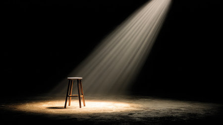 Spotlight beaming onto a lone stool in center stage, dark surroundings for dramatic effectの素材