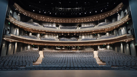 Theatre ceiling spotlight rig viewed from audience seating during setupの素材