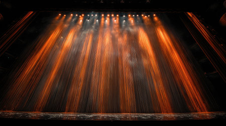 Stage curtain swaying slightly under air flow with light filtering from aboveの素材
