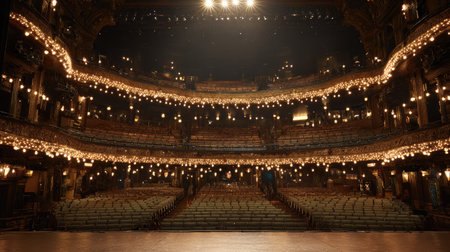 Wide-angle view from stage looking into empty theatre seats under house lightsの素材