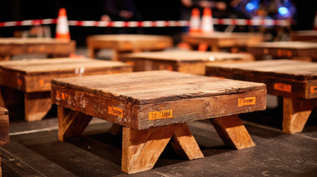 Wooden risers placed on stage for upcoming choir or musical performanceの素材