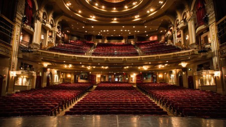 Wide-angle view from stage looking into empty theatre seats under house lightsの素材