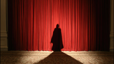 Velvet theatre curtain with shadow play creating a sense of suspenseの素材