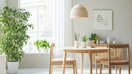 Bright and calm dining room filled with light, soft neutral tones, and uncluttered modern decorの素材
