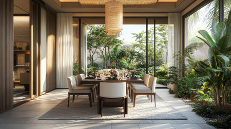 Bright dining area overlooking garden, featuring modern furniture and large windows for serene viewsの素材