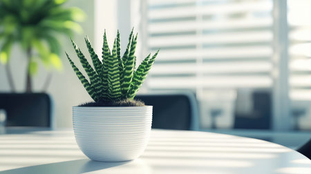 Bright dining room with minimalist white table, black chairs, and potted plant centerpieceの素材