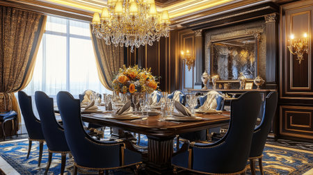 Classic dining room with ornate chandelier, rich wooden table, and elegant tableware set for a formal dinnerの素材