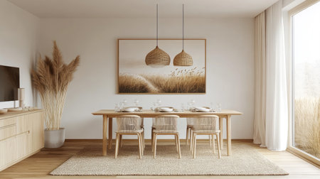 Cozy Scandinavian dining space with wall-mounted art, minimalist tableware, and a soft wool rugの素材