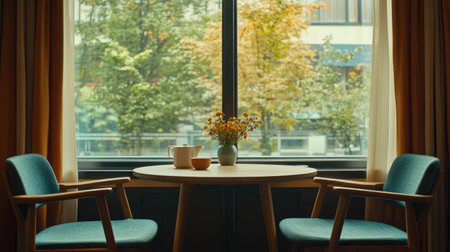 Cozy dining setting near a window with long curtains, soft chair cushions, and a small vase of flowersの素材