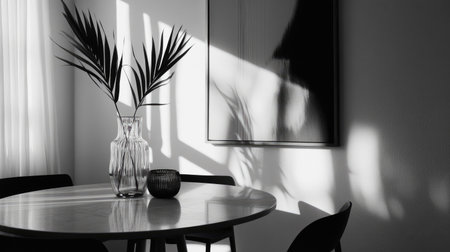 Black and white dining area in minimalist style, no wall art or centerpieces, just clean designの素材