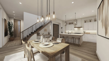 Cozy dining room with layered lighting, handmade wall art, and vintage charm in a peaceful settingの素材