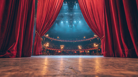 View from backstage of open stage framed by heavy curtains and bright overhead lightsの素材