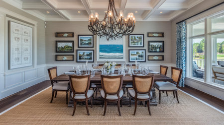 Elegant dining room with symmetrical setup, statement chandelier, and gallery wall backgroundの素材