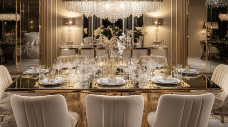 Elegant dining space with crystal chandelier, glass tableware, plush chairs, and gold accents in a refined interior settingの素材