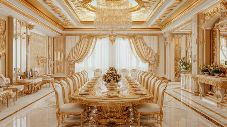 Elegant luxury dining space featuring gold accents, ornate ceiling, and marble flooring under warm lightingの素材