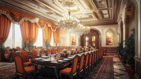 Majestic dining room interior with large banquet table, ornate ceiling, and grand chandelier lightingの素材